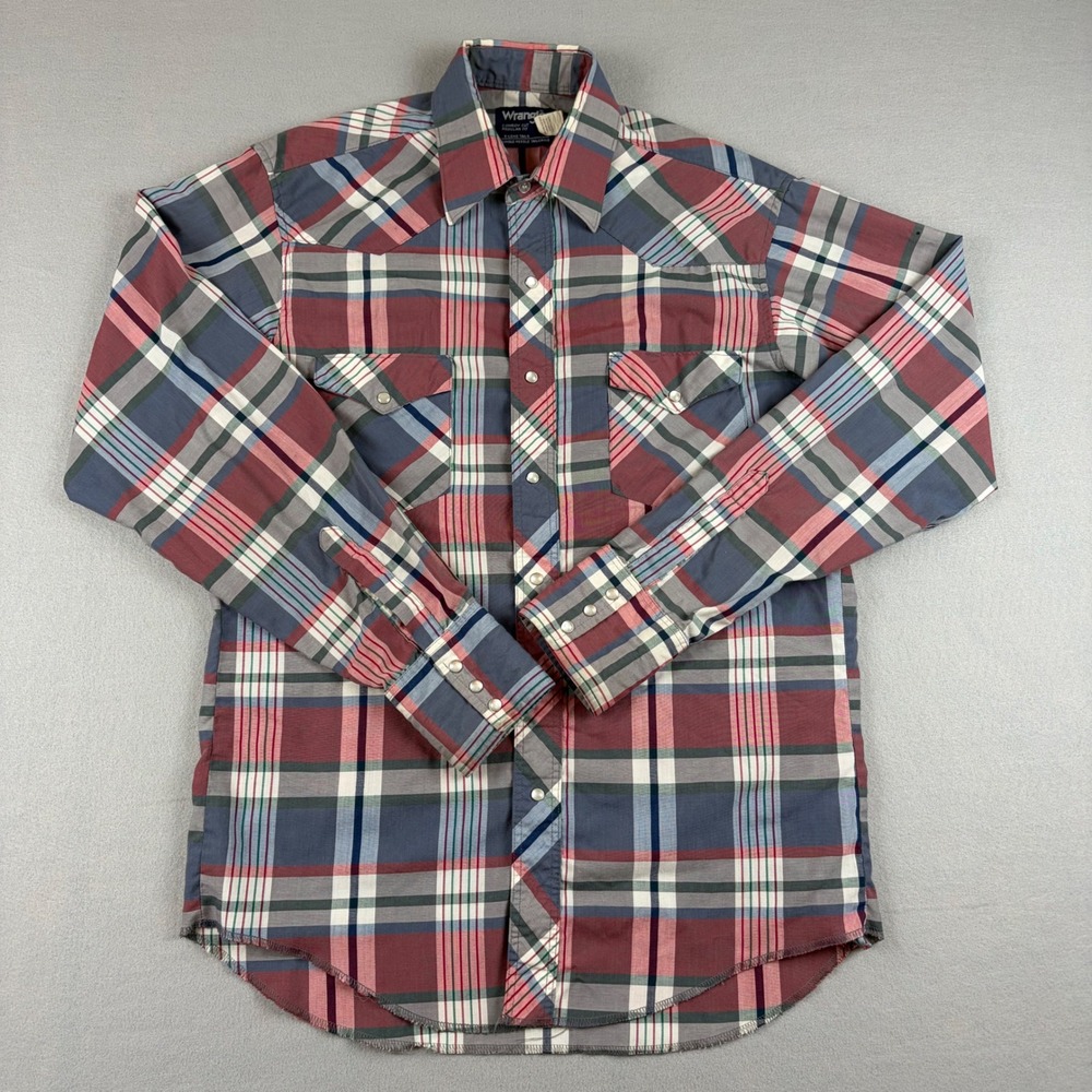 Vintage Wrangler Cowboy Cut Plaid Western Snap Shirt Mens 15.5x35 Medium Red